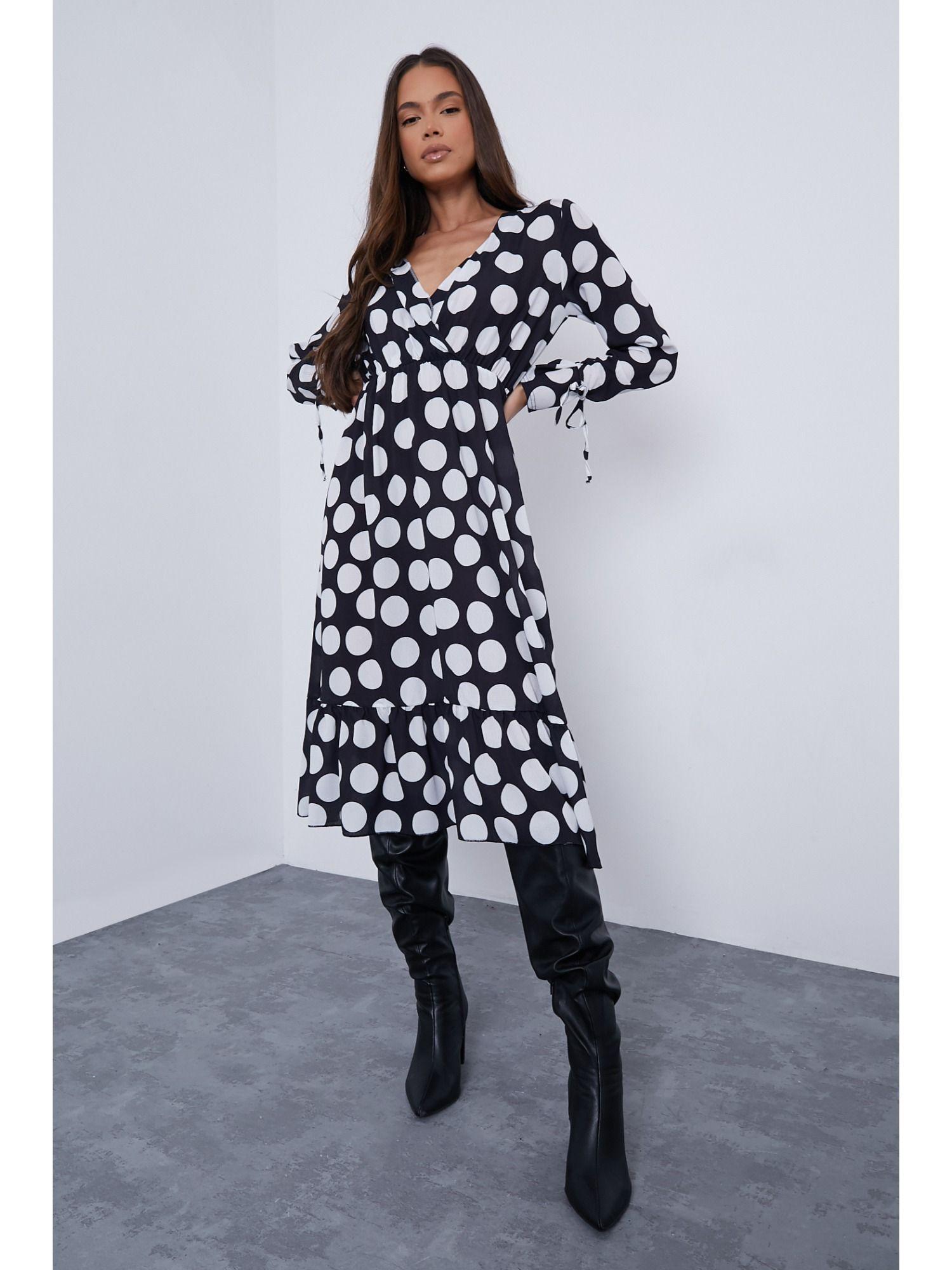 black woven large polka dot wrap tie cuff midi dress