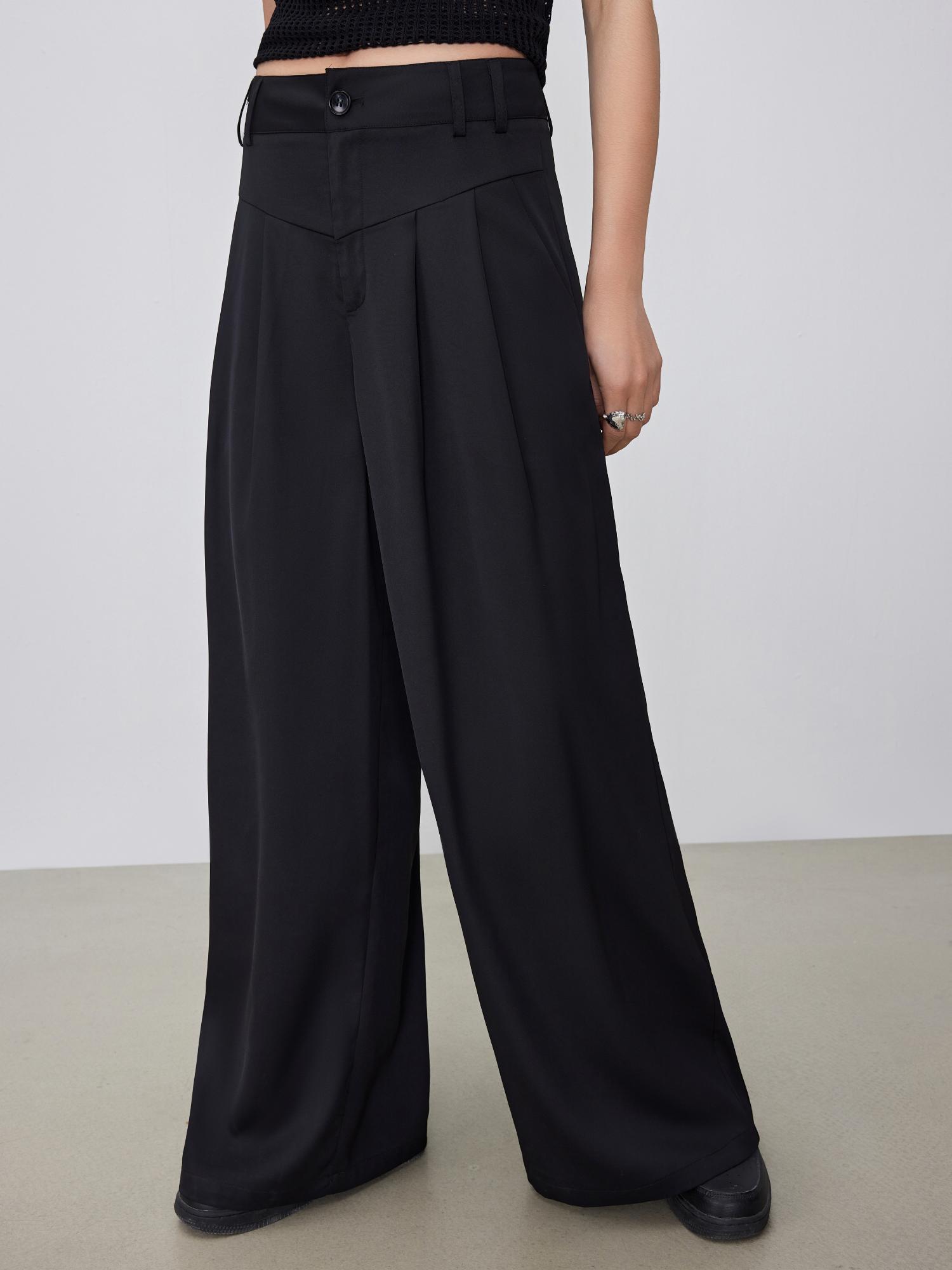 black woven mid rise solid wide leg trouser