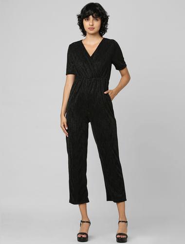 black wrapover shimmer jumpsuit