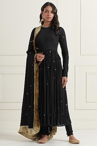 black wrinkle cotton hand embroidered anarkali set