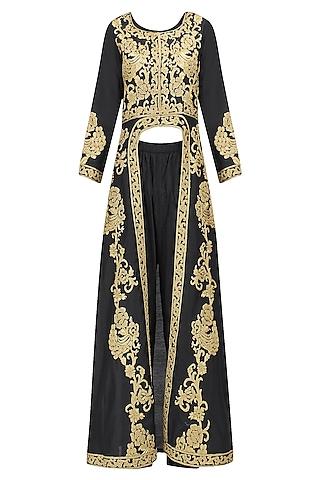 black zari embroidered front open dress kurta with straight pants