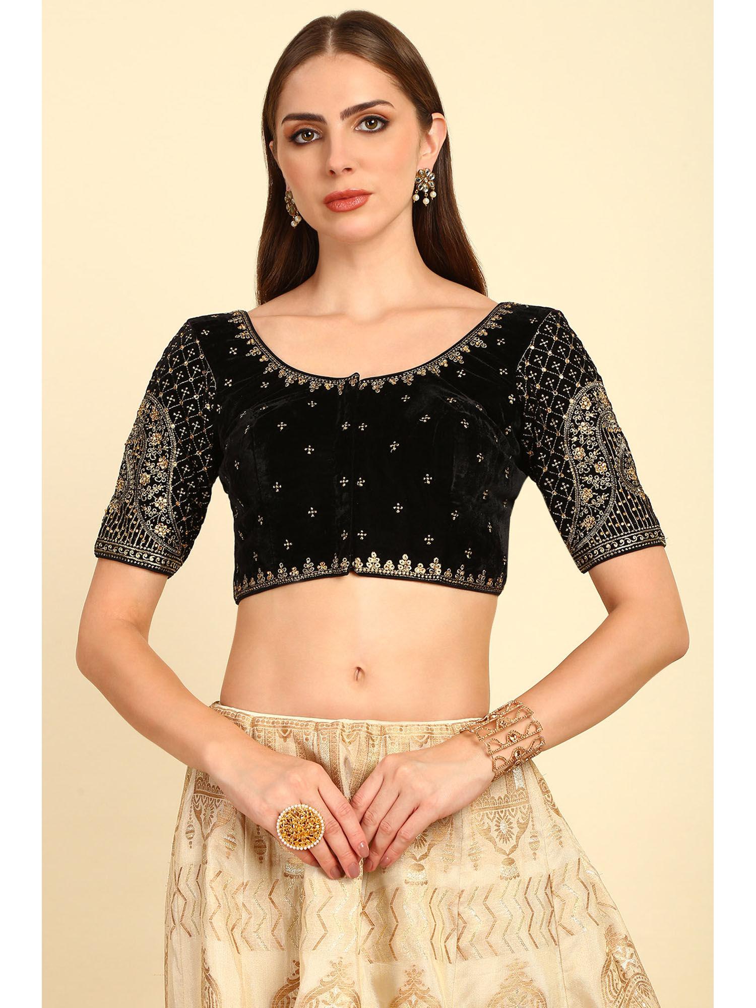 black zari embroidered velvet stitched blouse with stone work