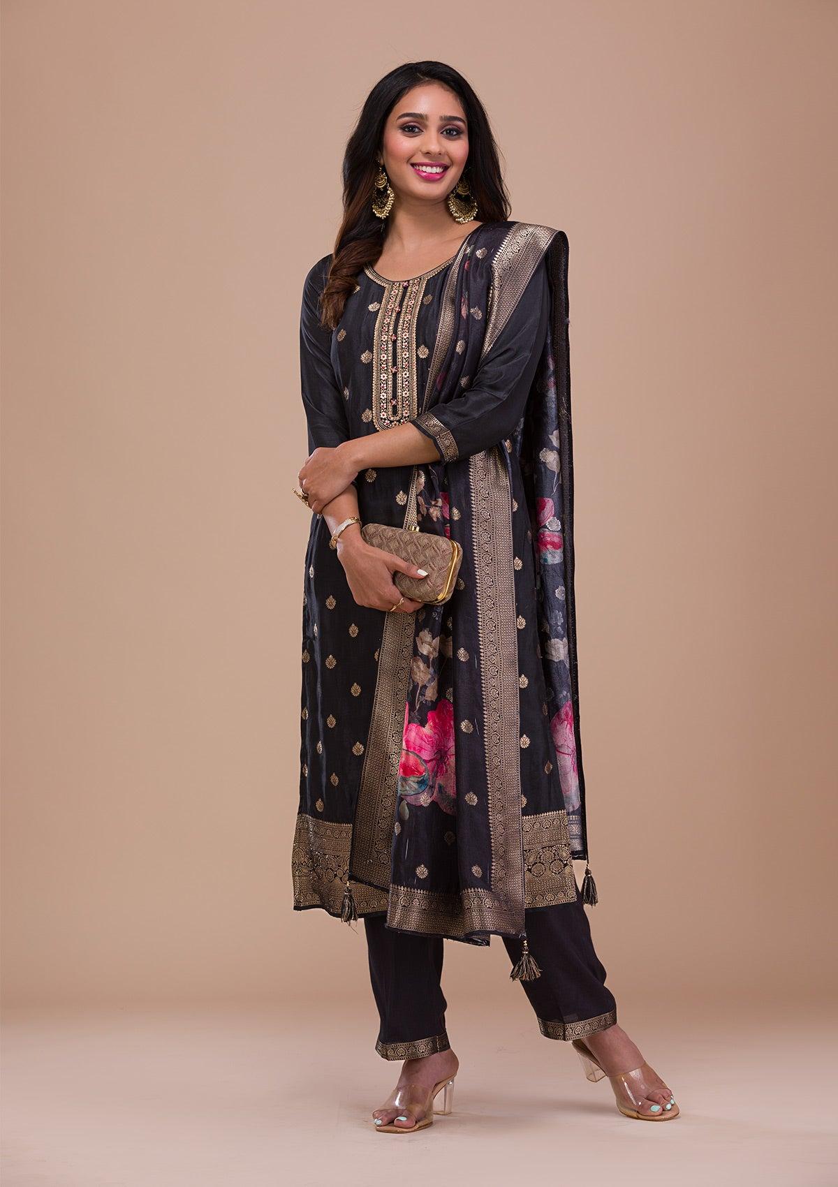 black zariwork art silk readymade salwar suit