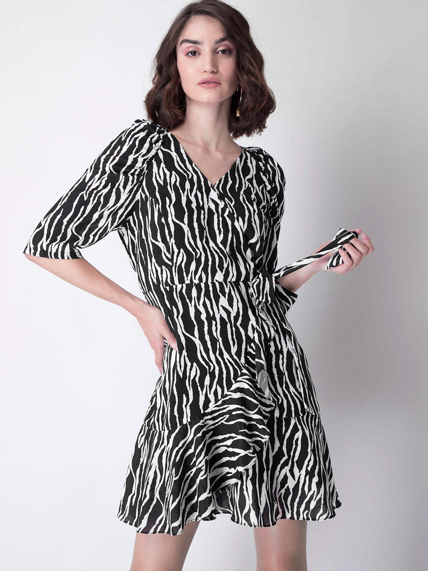 black zebra ruffled wrap dress