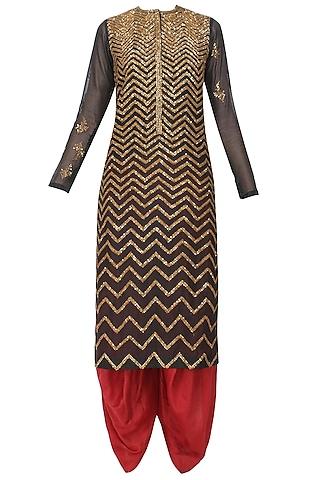 black zigzag sequins embroidered kurta and maroon dhoti pants with golden stole