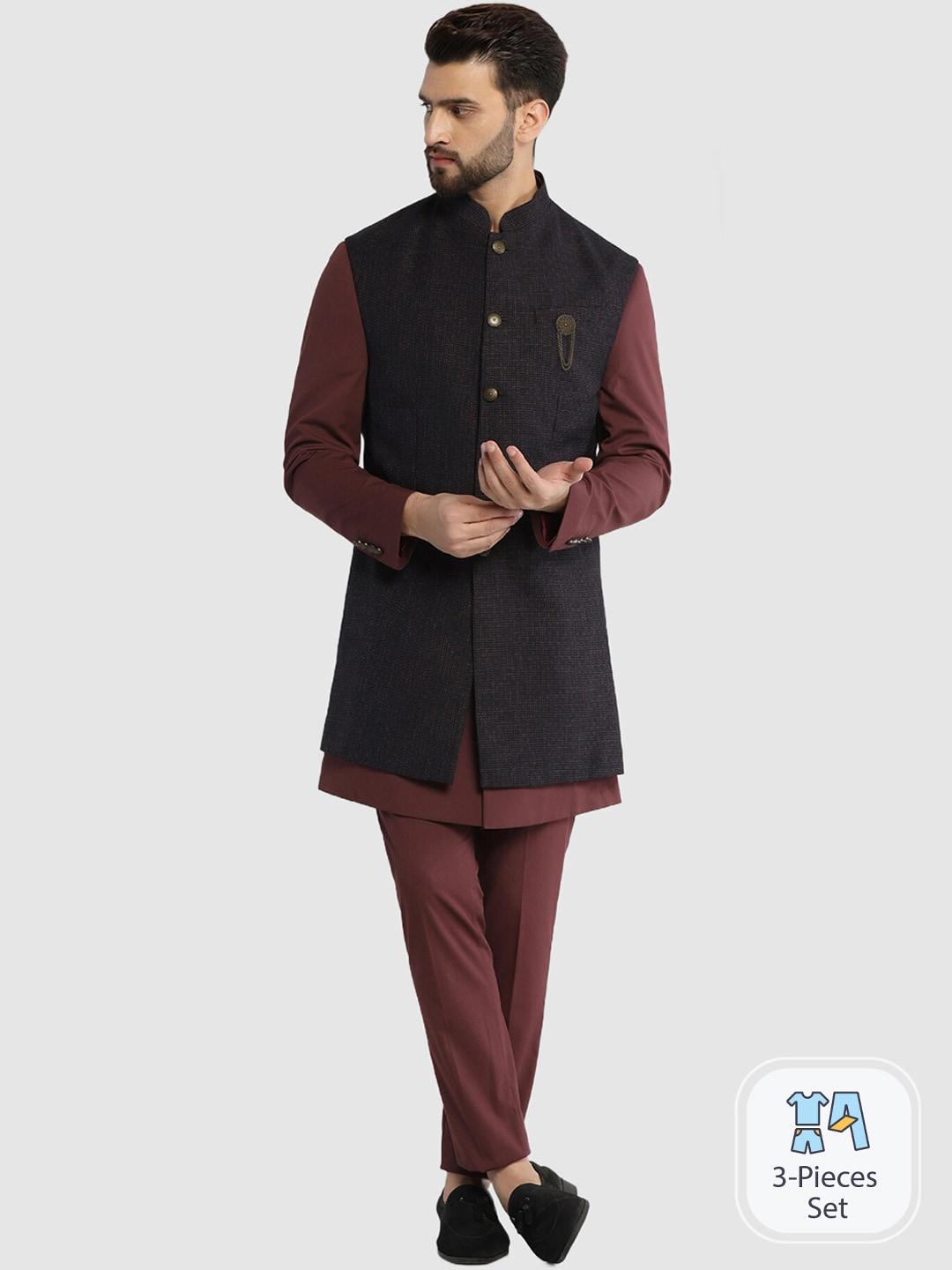blackberrys longline three-piece bandhgala suit with nehru jacket