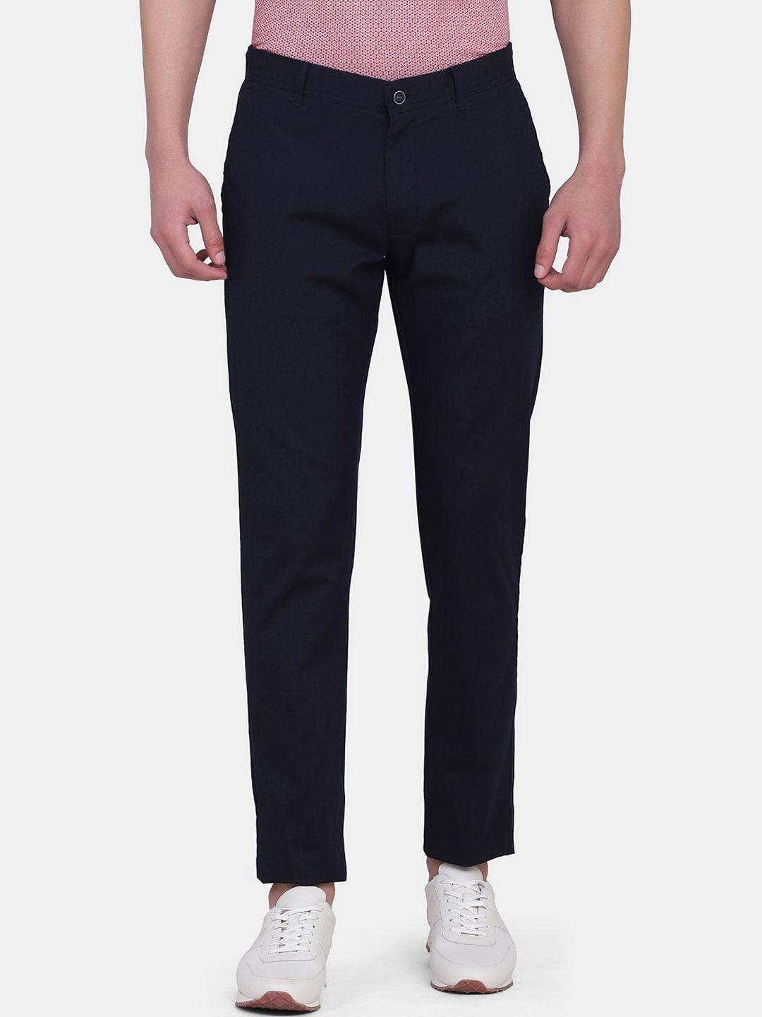 blackberrys men navy blue solid b-91 skinny fit regular cotton trousers