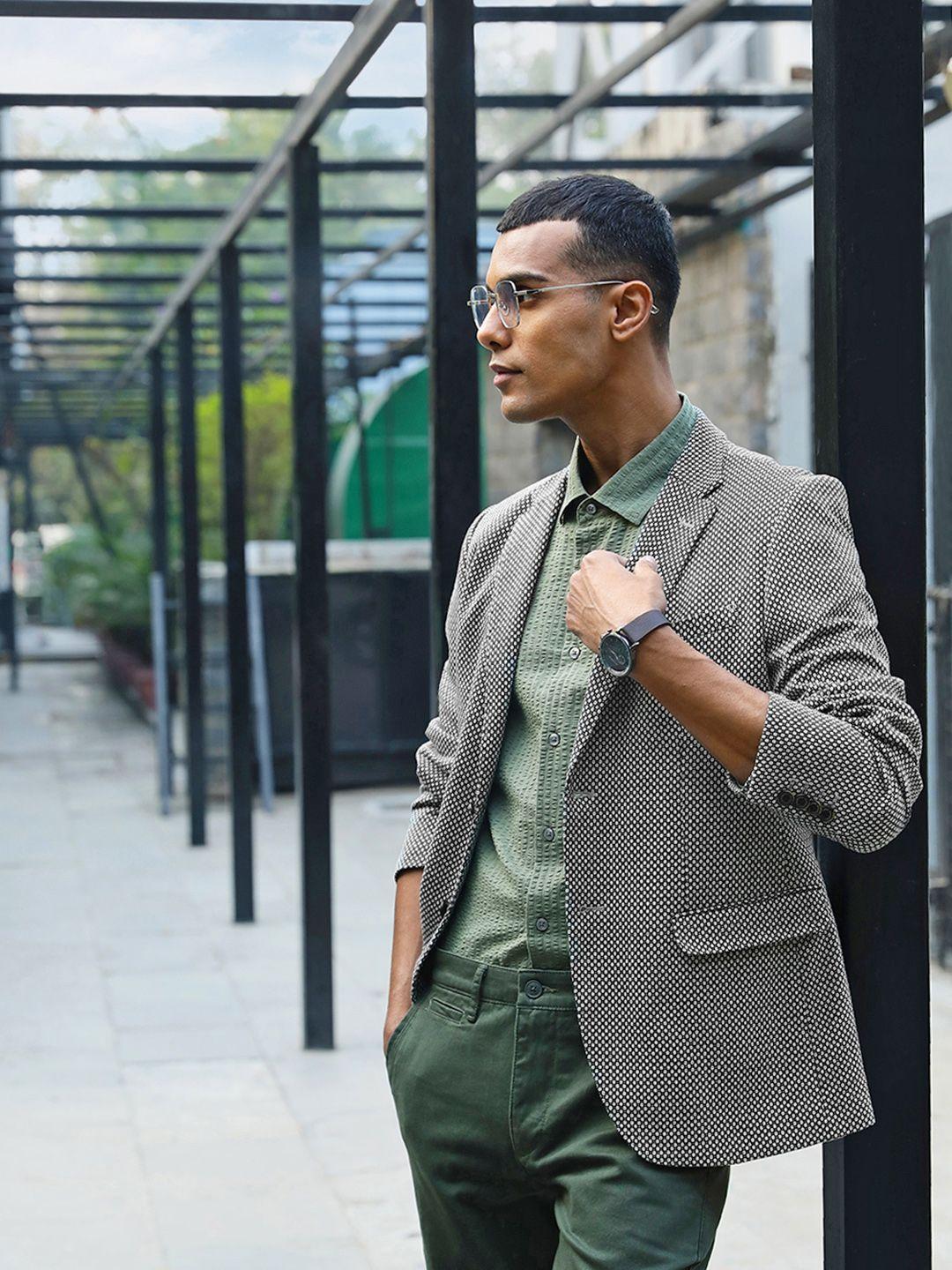 blackberrys men off white & green self design slim fit smart casual blazer
