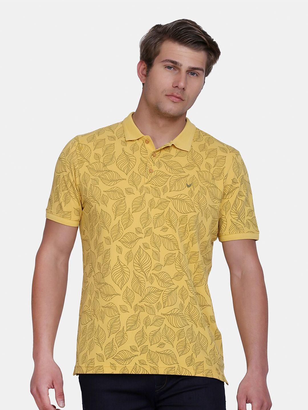 blackberrys men yellow floral printed polo collar slim fit cotton t-shirt