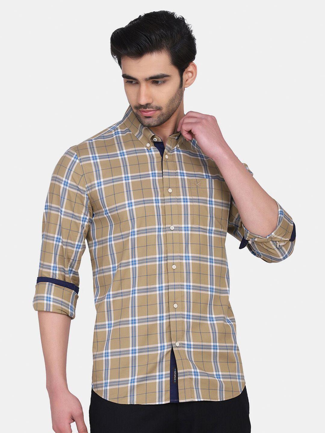 blackberrys men beige & blue india slim fit tartan checks checked cotton casual shirt