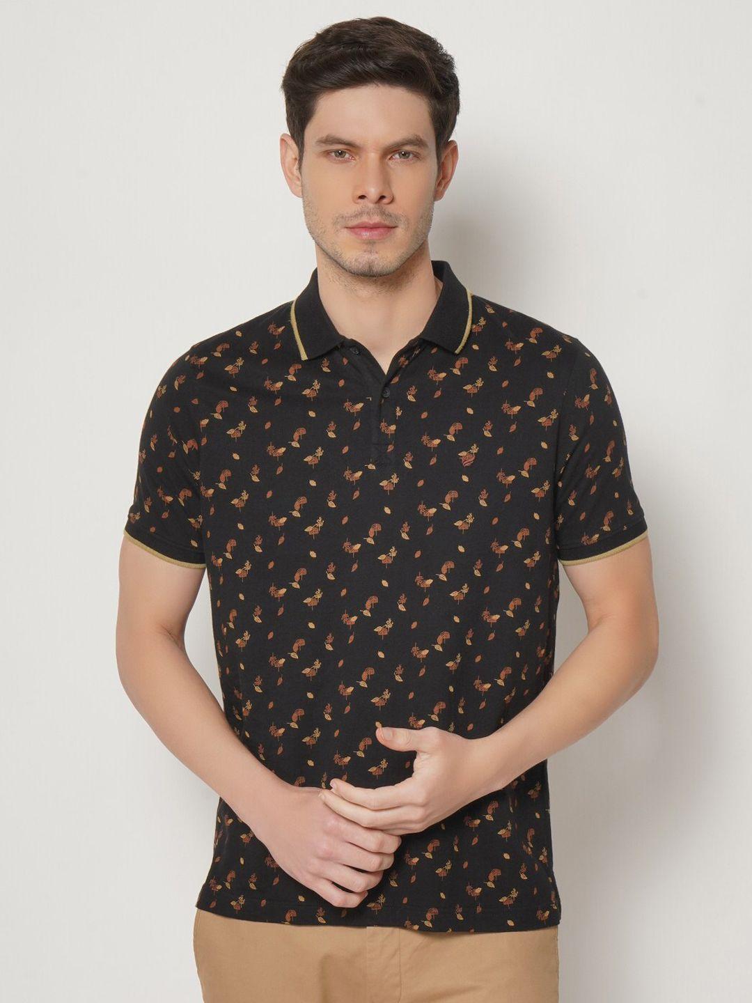 blackberrys men black  orange floral printed polo collar slim fit cotton pure cotton t-shirt