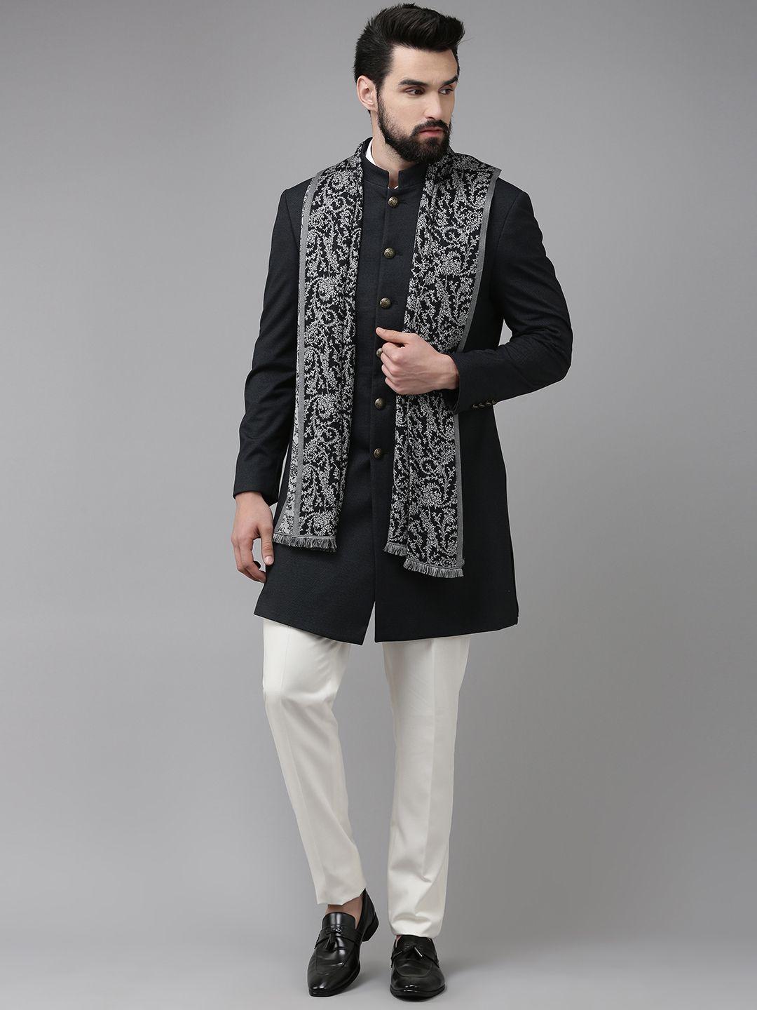 blackberrys men black self-design slim fit bandhgala blazer & trousers with shawl