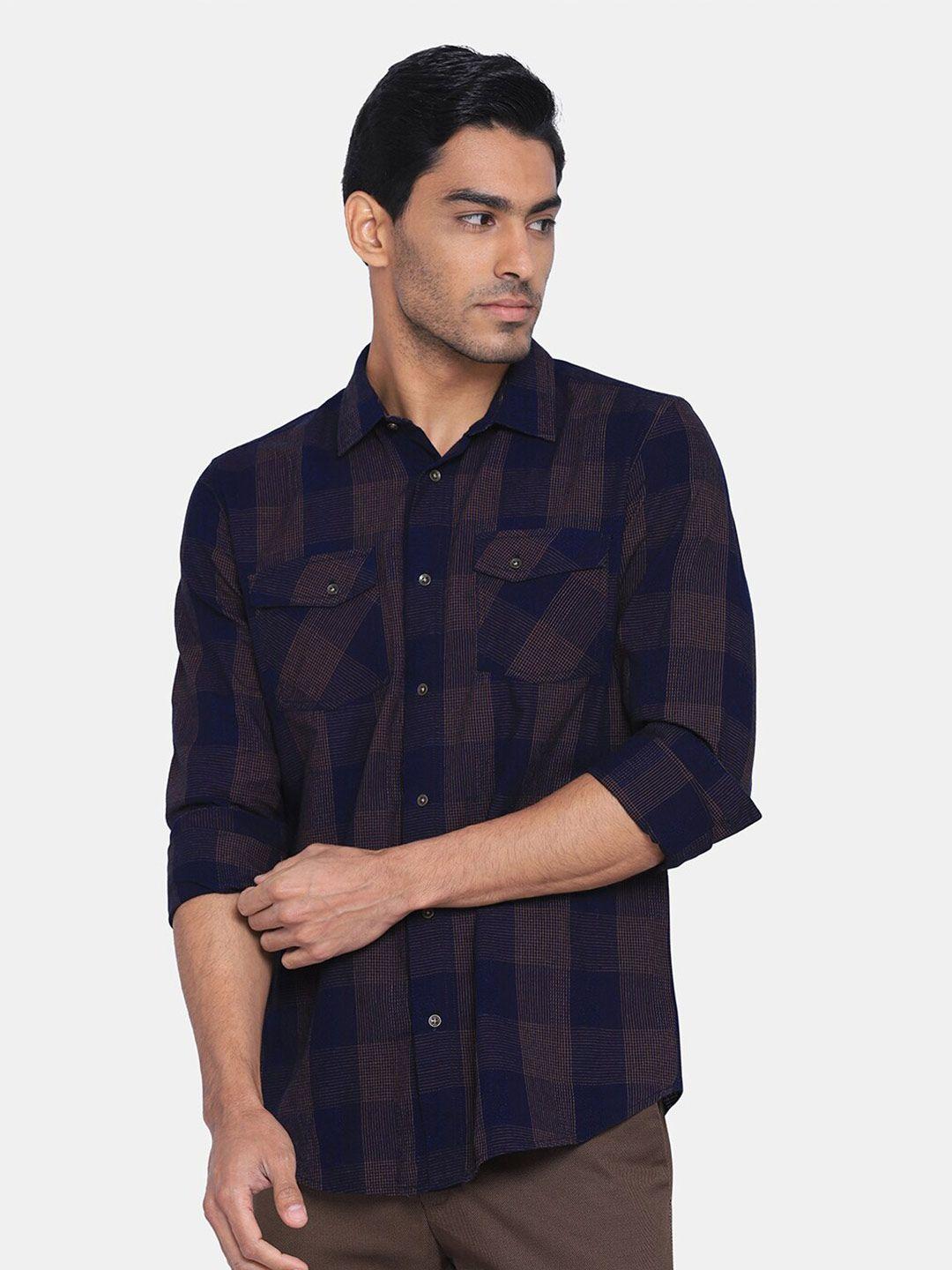 blackberrys men blue & brown india slim fit checked cotton casual shirt