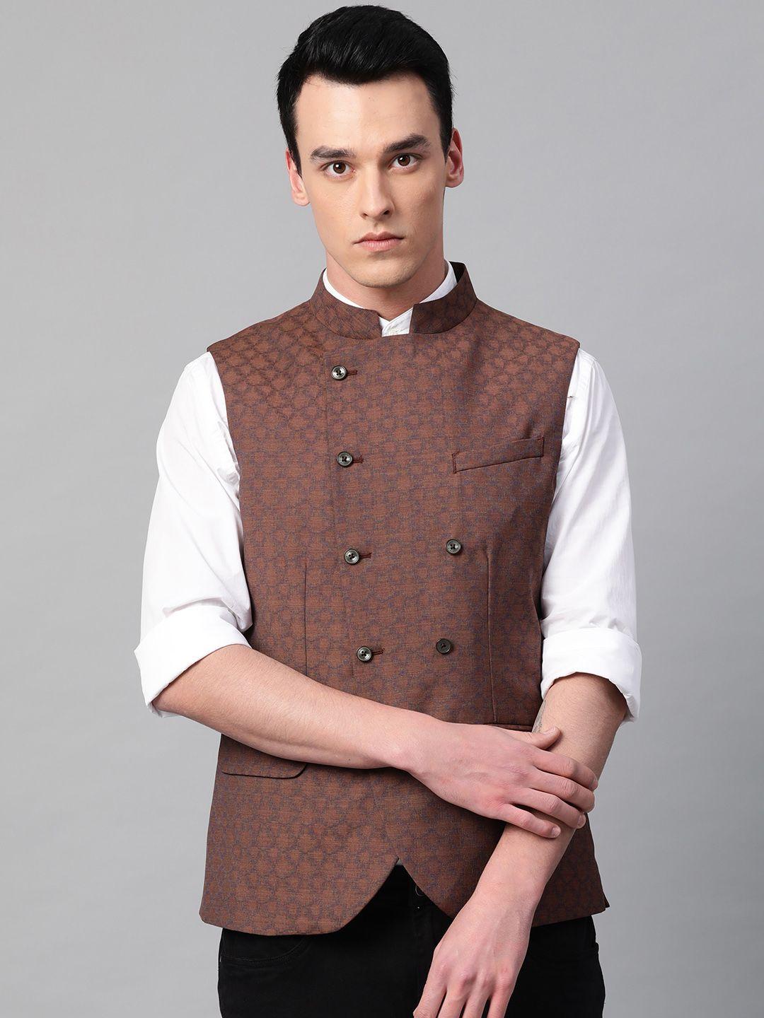 blackberrys men brown & blue woven design slim fit nehru jacket