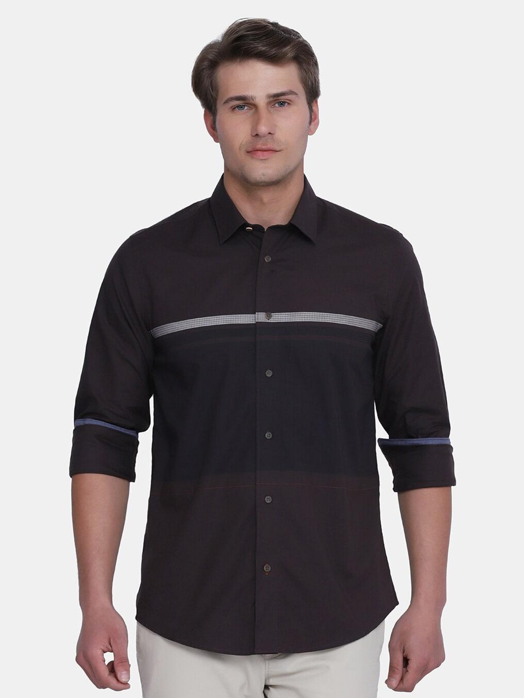 blackberrys men brown india slim fit horizontal striped cotton casual shirt