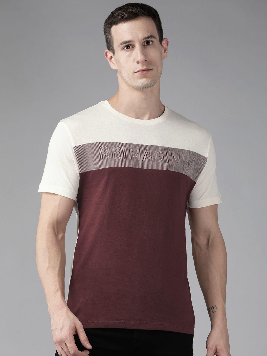 blackberrys men maroon & cream-coloured colourblocked pure cotton slim fit t-shirt
