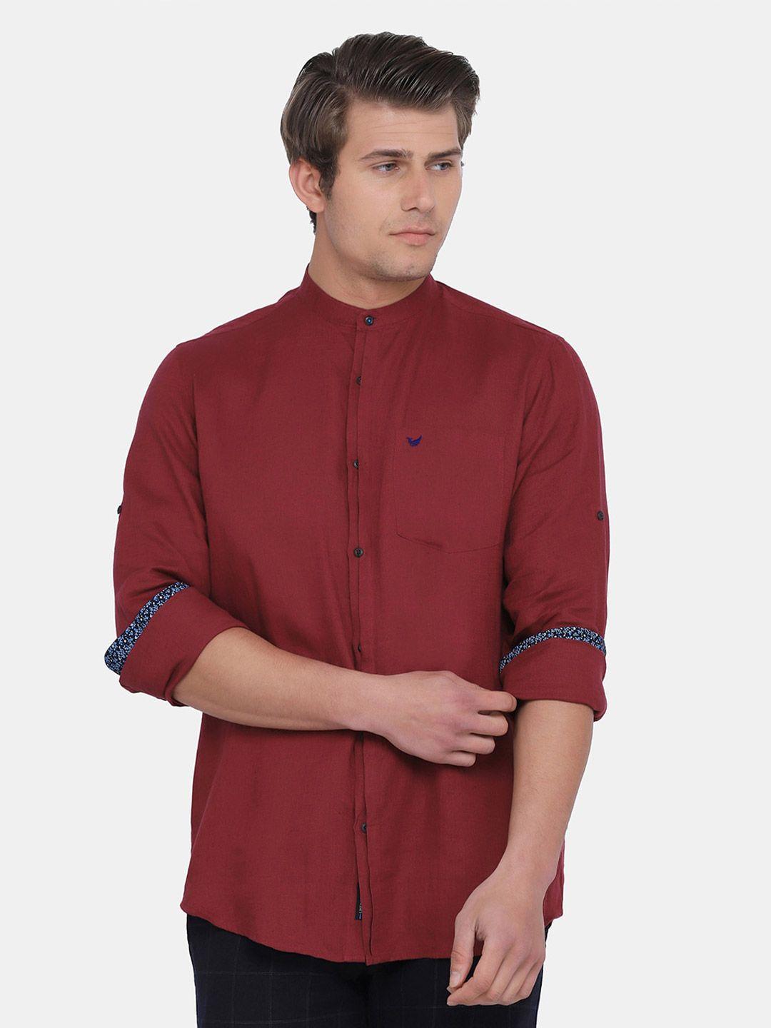 blackberrys men maroon india slim fit mandarin collar linen casual shirt