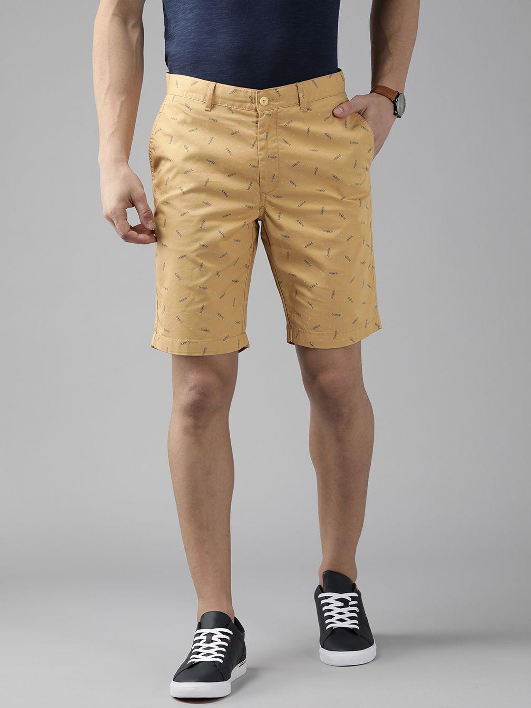 blackberrys men mustard brown pure cotton printed bs-10 slim fit low-rise chino shorts