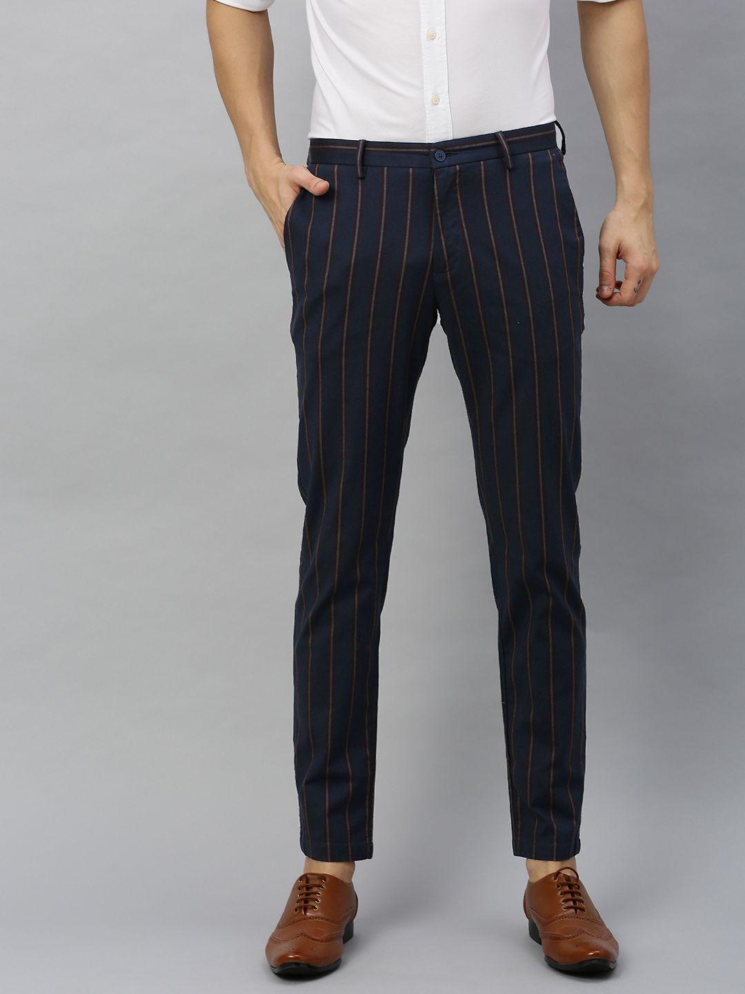blackberrys men navy blue & brown lean skinny fit striped regular trousers