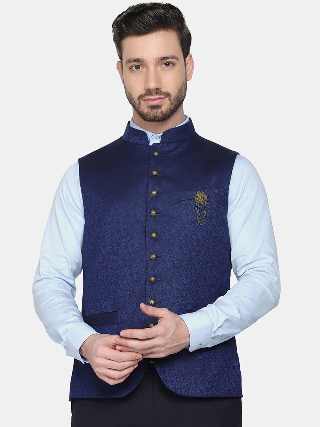 blackberrys men navy blue bandgala woven design waistcoat