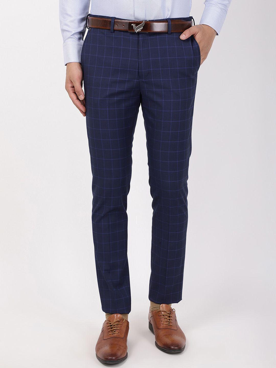 blackberrys men navy blue checked arise regular fit formal trousers