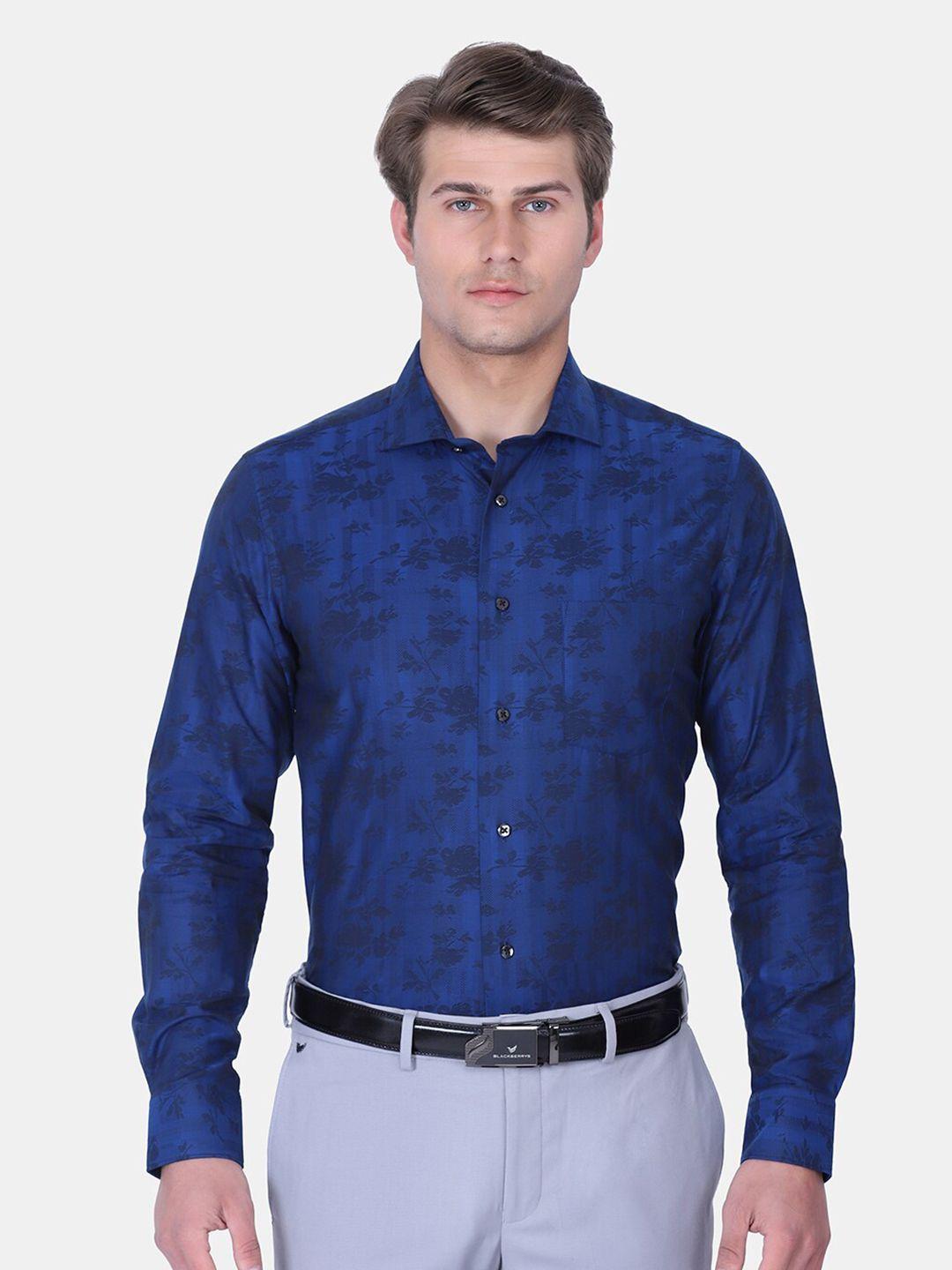 blackberrys men navy blue india slim fit floral cotton formal shirt