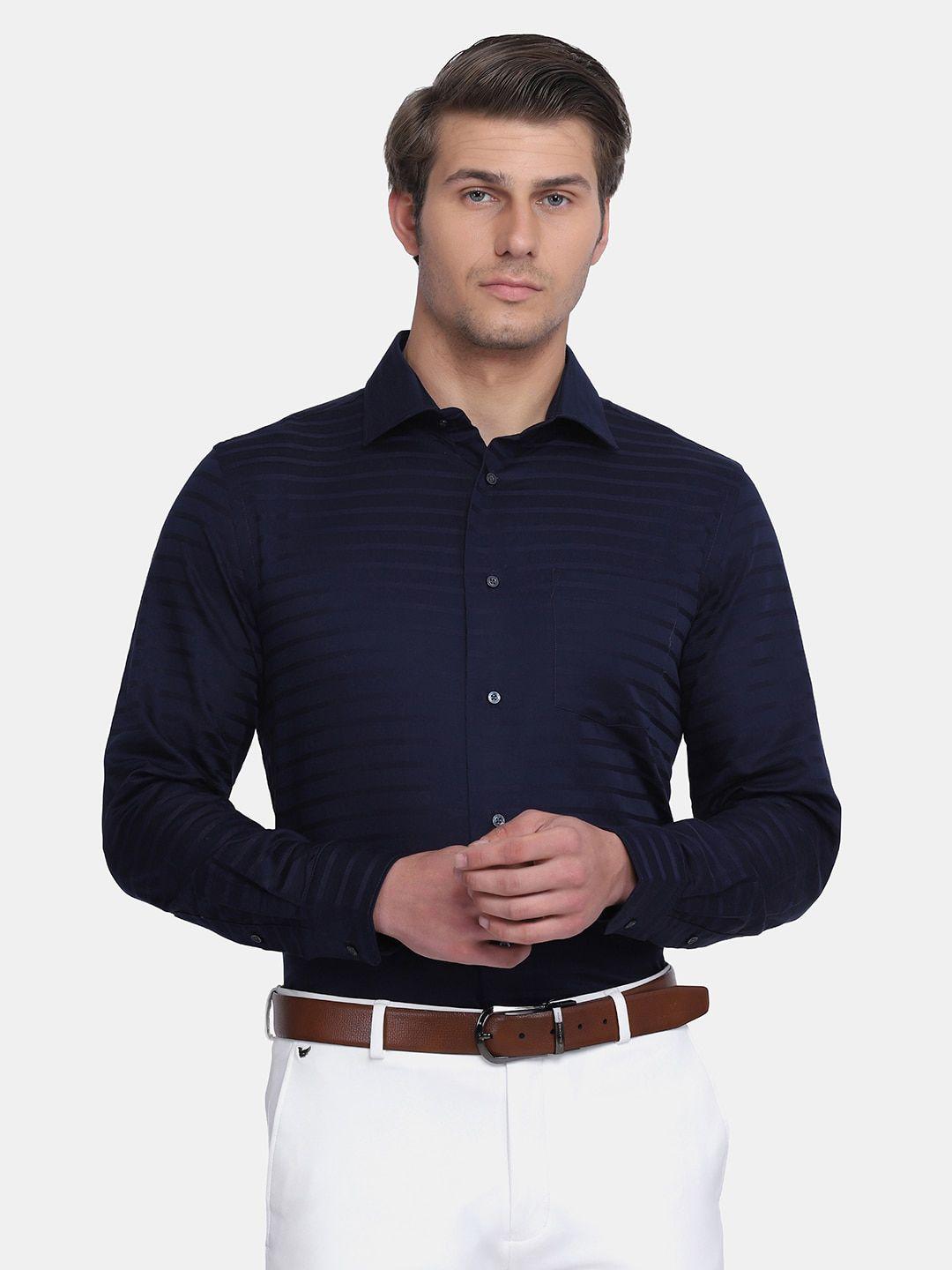 blackberrys men navy blue india slim fit horizontal stripes striped formal shirt