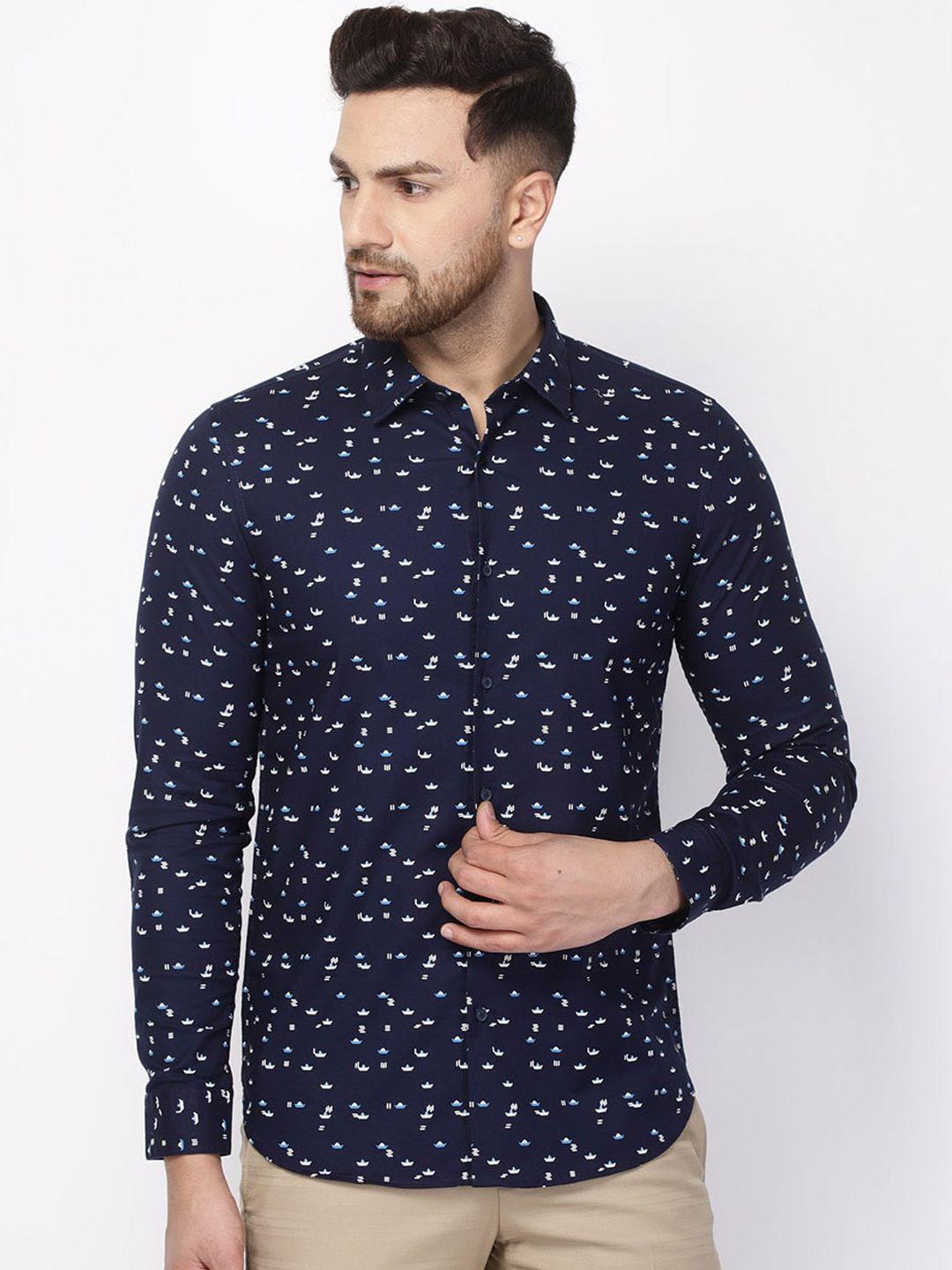 blackberrys men navy blue printed pheonix skinny fit casual shirt