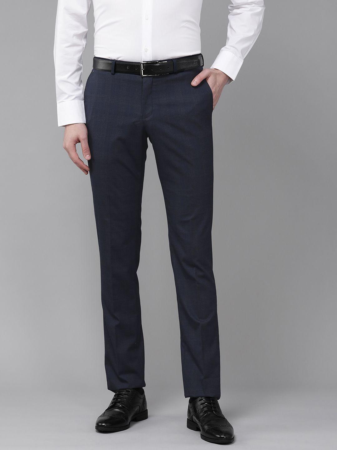 blackberrys men navy blue slim fit self-checked formal trousers