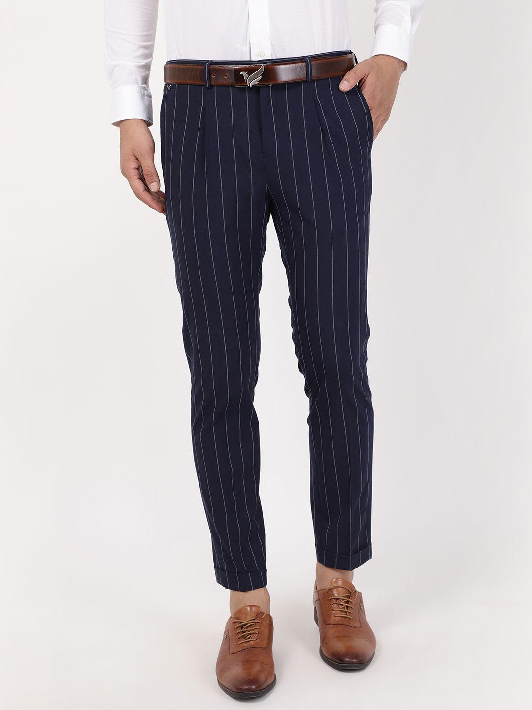 blackberrys men navy blue striped loose fit formal trousers