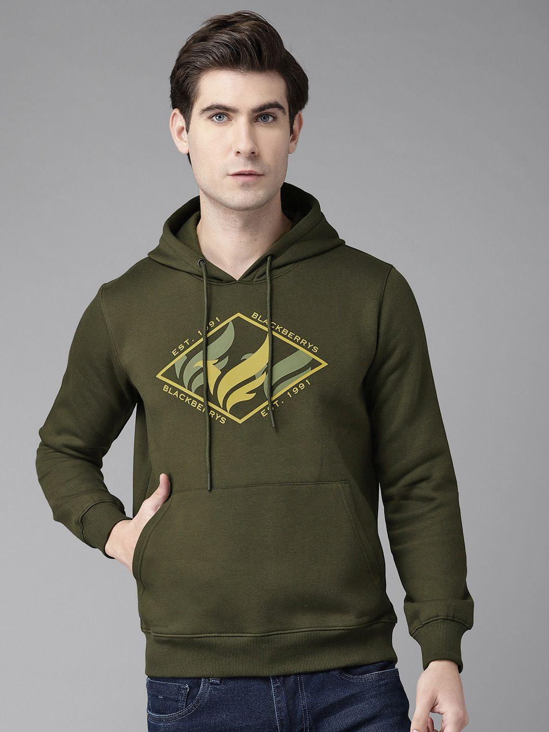 blackberrys men olive green printed hooded sweatshirt