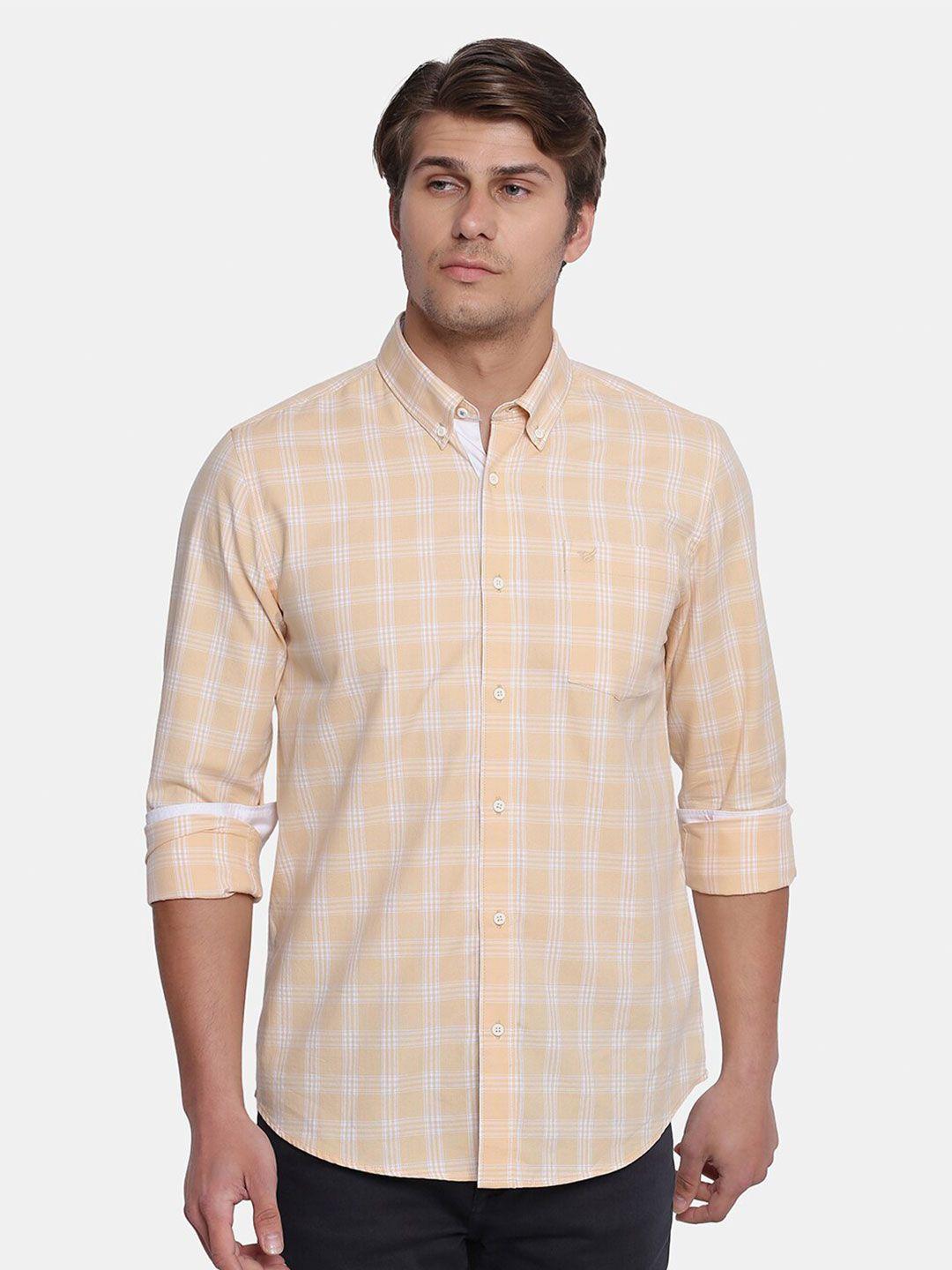 blackberrys men peach-coloured india slim fit checked casual shirt