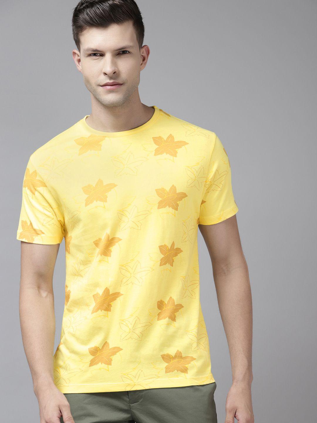 blackberrys men yellow & brown floral printed pure cotton slim fit t-shirt