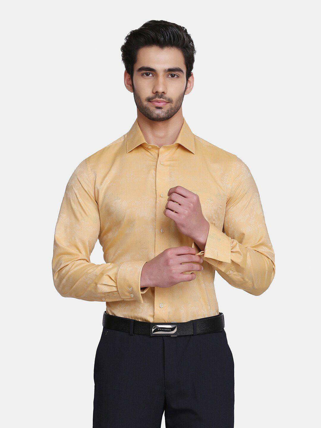 blackberrys men yellow india slim fit floral cotton formal shirt
