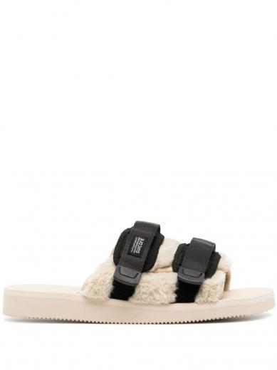 blackwhite black white nylon and eco fur sandals