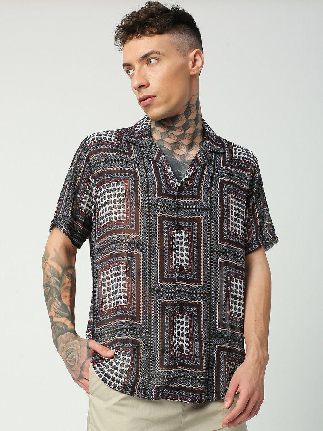 blamblack cuban collar ethnic motifs printed casual shirt