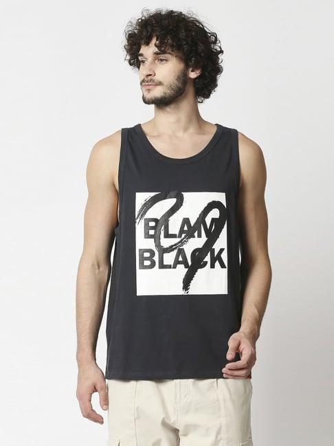 blamblack dark grey cotton regular fit printed tank tee