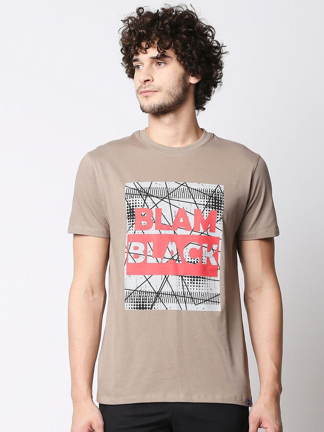 blamblack men beige brand logo printed t-shirt