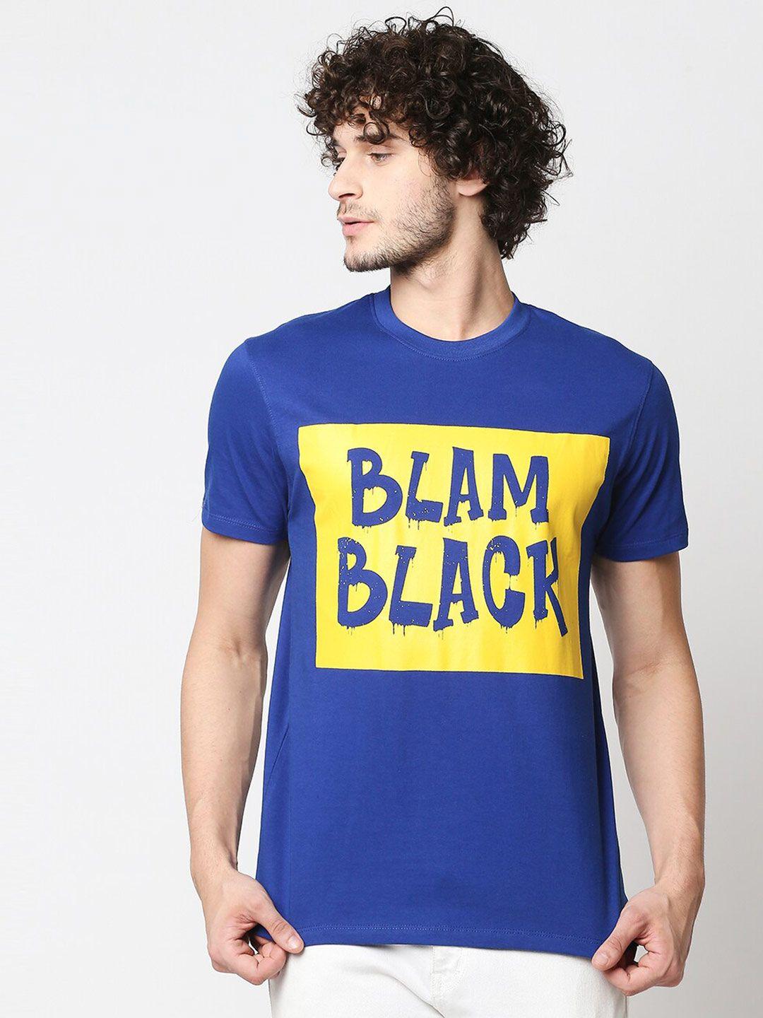 blamblack men blue typography printed  printed round neck short sleeves tshirt