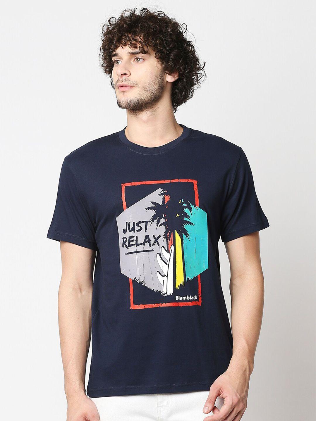 blamblack men navy blue printed t-shirt