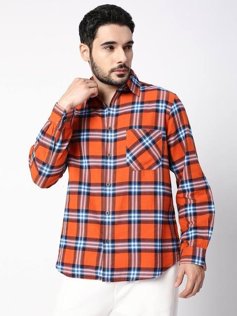 blamblack orange cotton regular fit checks shirt