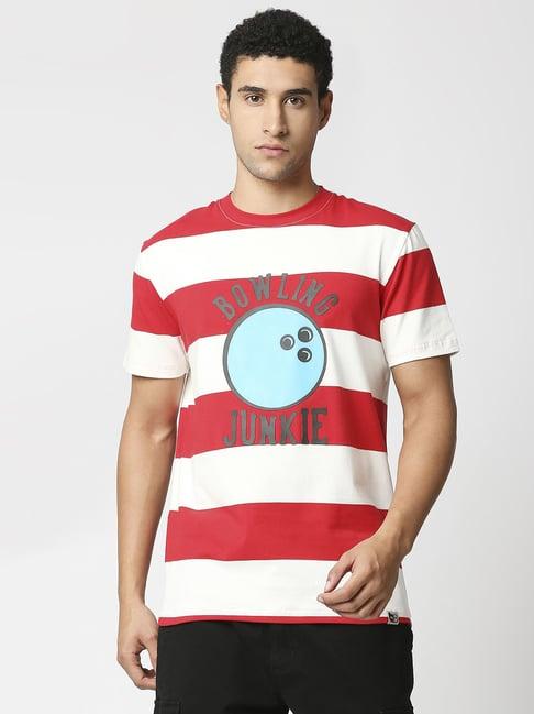 blamblack red & white cotton regular fit striped t-shirt