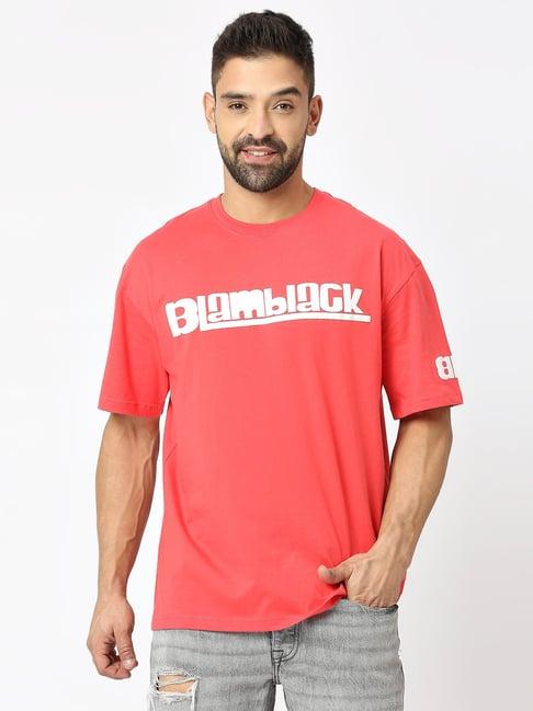 blamblack red relaxed fit printed oversized crew t-shirt