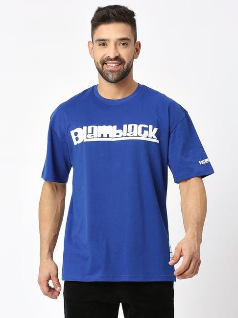 blamblack royal blue relaxed fit printed oversized crew t-shirt