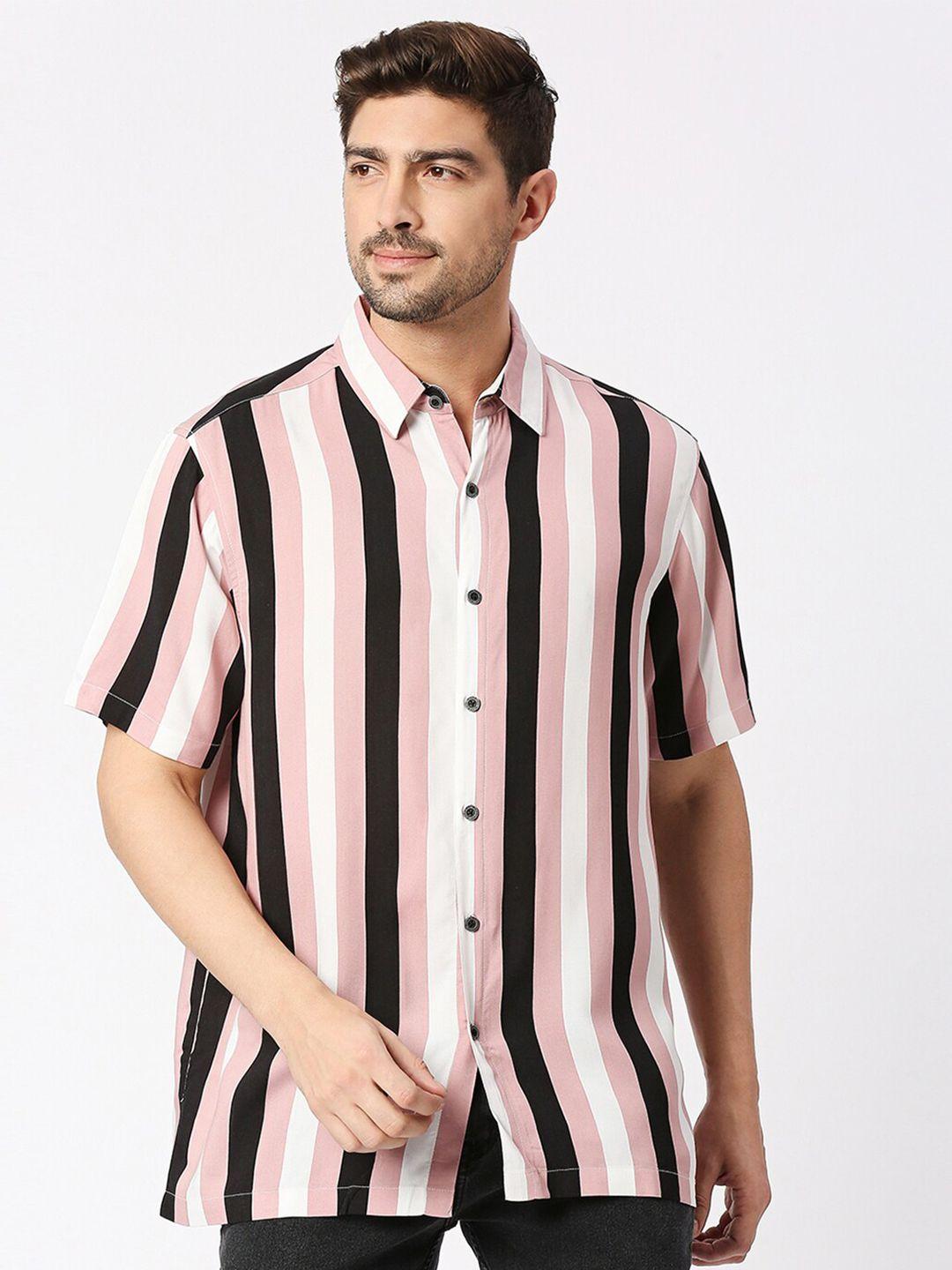 blamblack vertical striped spread collar relaxed fit casual shirt