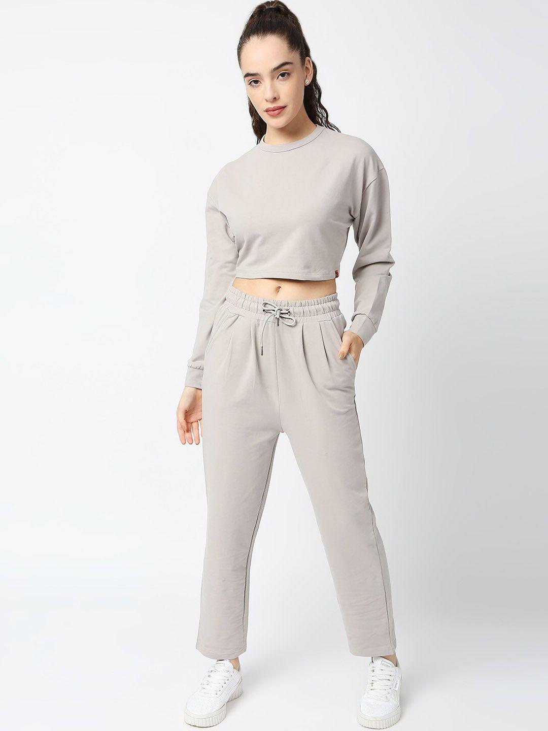 blamblack women grey solid co-ord crop top and pants