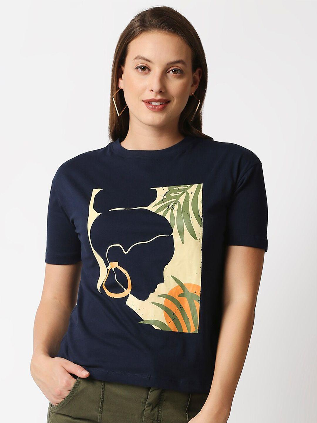 blamblack women navy blue printed t-shirt