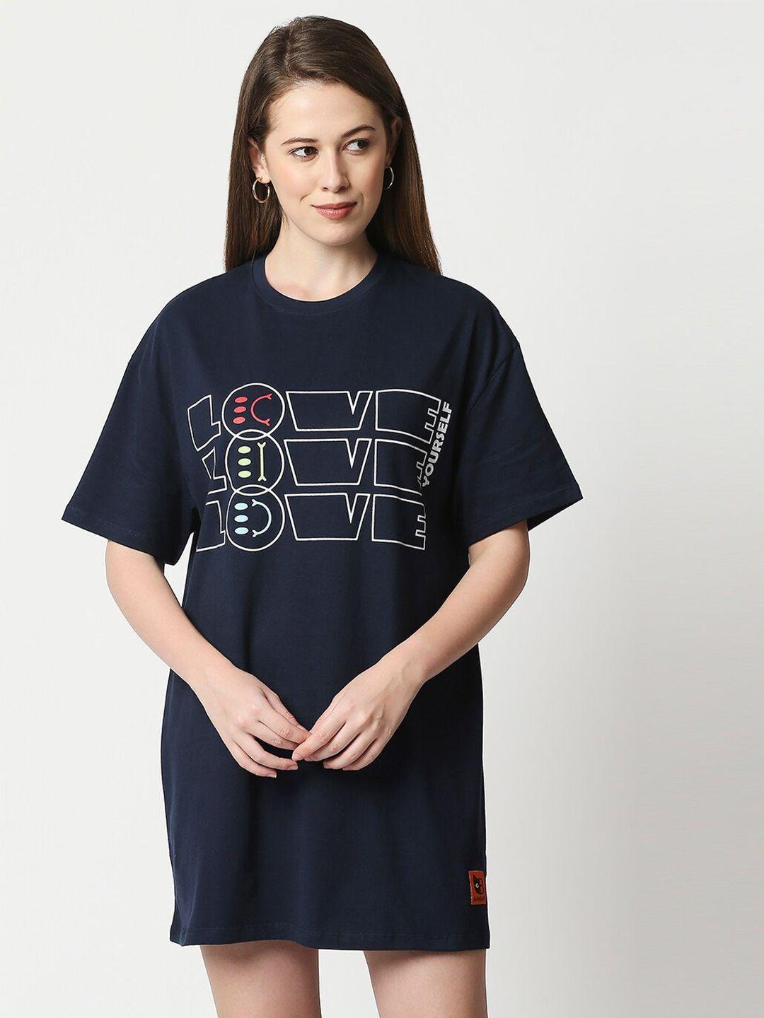 blamblack women navy blue printed typography  t-shirt short sleeves dress