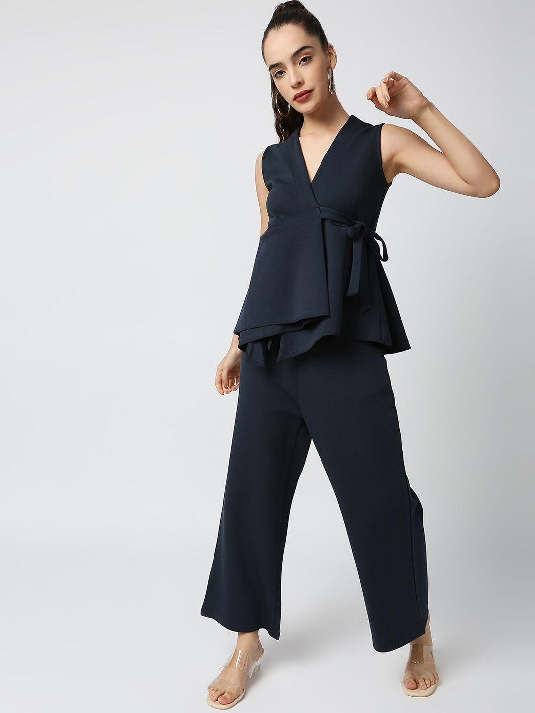 blamblack women navy-blue solid top & pant co-ords