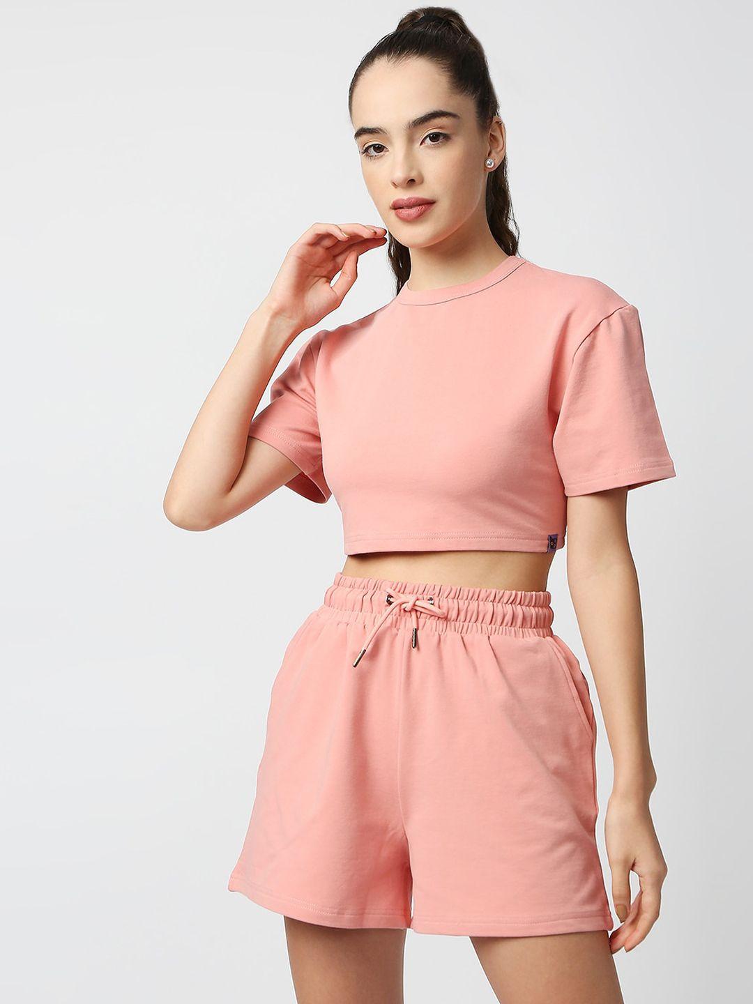 blamblack women peach-coloured solid t-shirt and shorts  co-ords